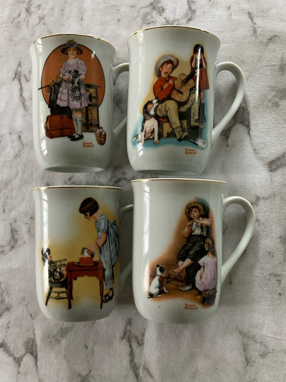 Norman Rockwell White Porcelain Mugs with vintage Illustrations